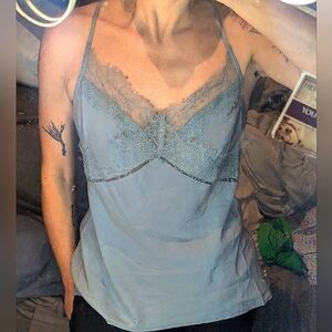Love Stitch Grey Blue Lace Trim Cami Adjustable Straps Bust Cutout Sz S